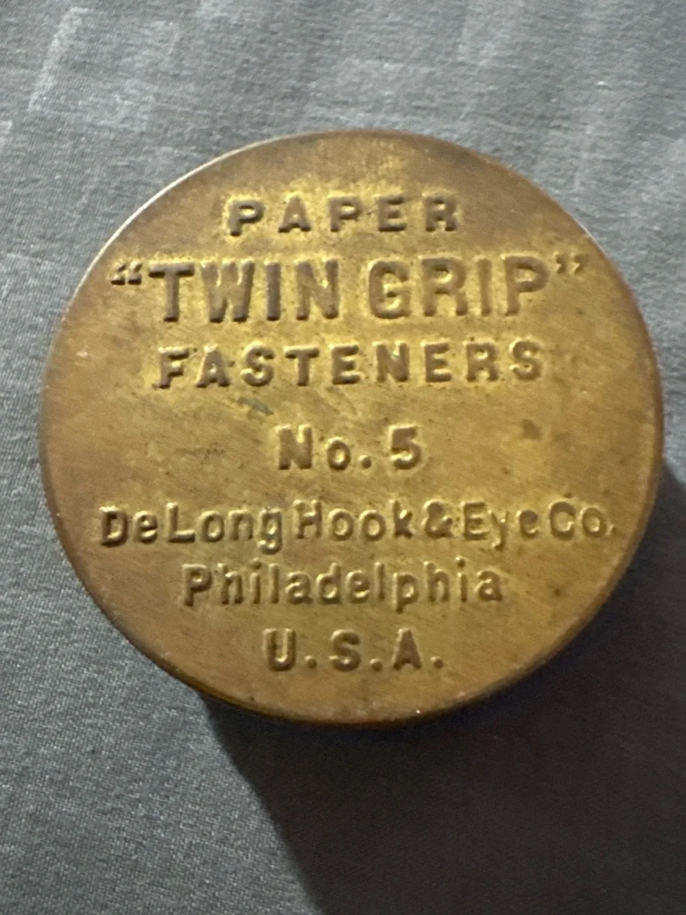 DeLong Hook & Eye Co. 'Twin Grip' Paper Fasteners Tin - Brass Finish